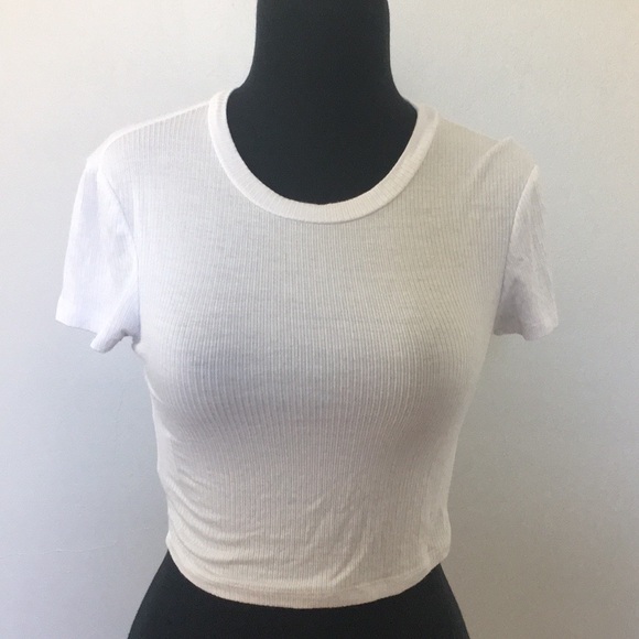 BCBGeneration Solid White Ribbed Crop T-Shirt, XXS - Picture 3 of 8
